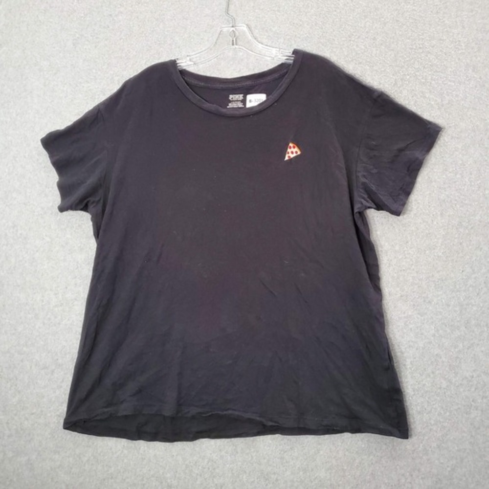 Pink Victorias Secret Women Top L Black Shirt Pepperoni Slice Pizza Embroided